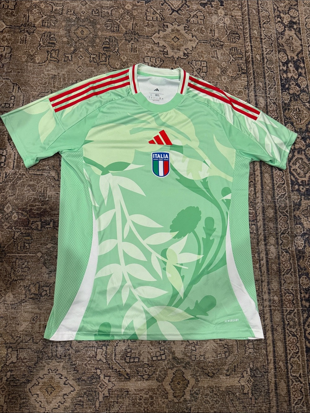 adidas Italy Light Green Graphic Soccer Jersey with Red Stripes